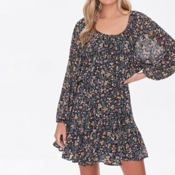 Forever 21 Ditsy Floral Back Cutout Peasant Sleeve Mini Dress - Picture 5 of 13